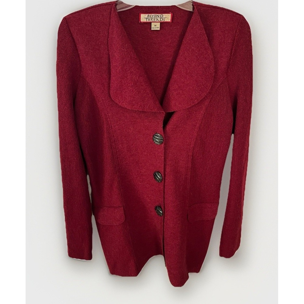 Beyond Thread Three Button Alpaca & Boiled Wool Knit Medium Blazer Coat In‎ Wine